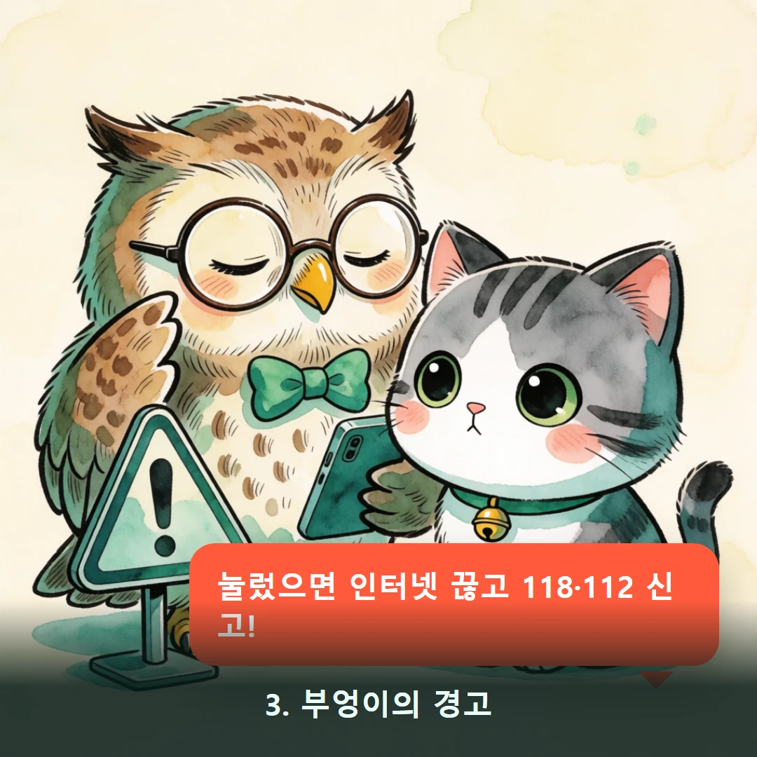 웹툰 3컷 — 3. 부엉이의 경고 (눌렀으면 인터넷 끊고 118·112 신고!)