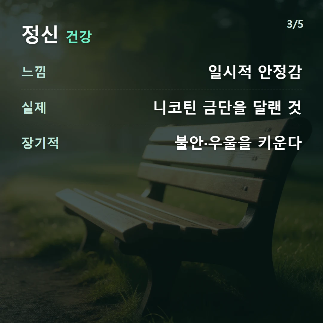 정신 건강 — 느낌 일시적 안정감, 실제 니코틴 금단을 달랜 것, 장기적 불안·우울을 키운다