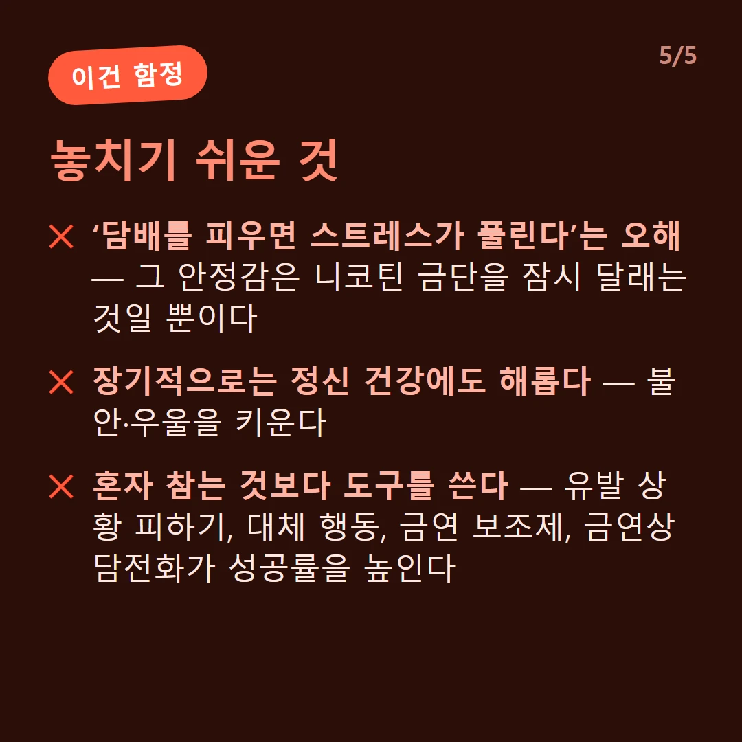 놓치기 쉬운 것 — ‘담배를 피우면 스트레스가 풀린다’는 오해 — 그 안정감은 니코틴 금단을 잠시 달래는 것일 뿐이다 / 장기적으로는 정신 건강에도 해롭다 — 불안·우울을 키운다 / 혼자 참는 것보다 도구를 쓴다 — 유발 상황 피하기, 대체 행동, 금연 보조제, 금연상담전화가 성공률을 높인다