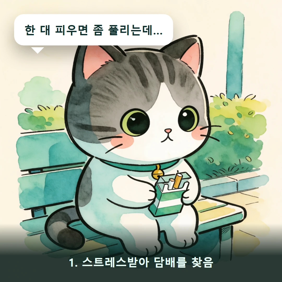 웹툰 1컷 — 1. 스트레스받아 담배를 찾음 (한 대 피우면 좀 풀리는데…)