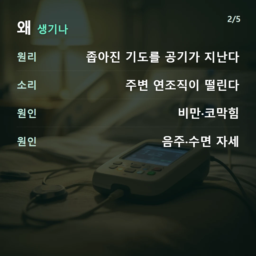 왜 생기나 — 원리 좁아진 기도를 공기가 지난다, 소리 주변 연조직이 떨린다, 원인 비만·코막힘, 원인 음주·수면 자세