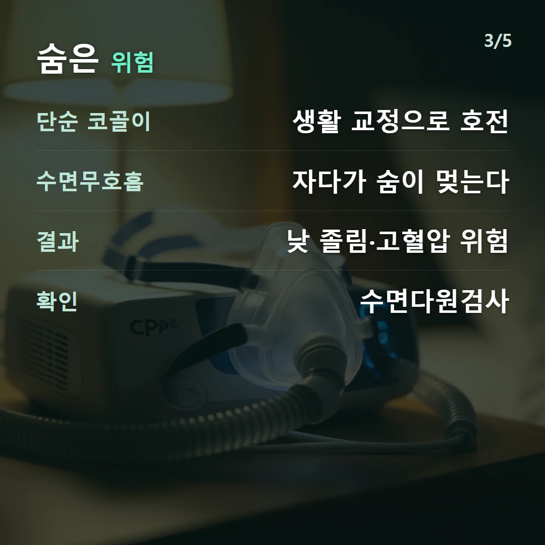숨은 위험 — 단순 코골이 생활 교정으로 호전, 수면무호흡 자다가 숨이 멎는다, 결과 낮 졸림·고혈압 위험, 확인 수면다원검사