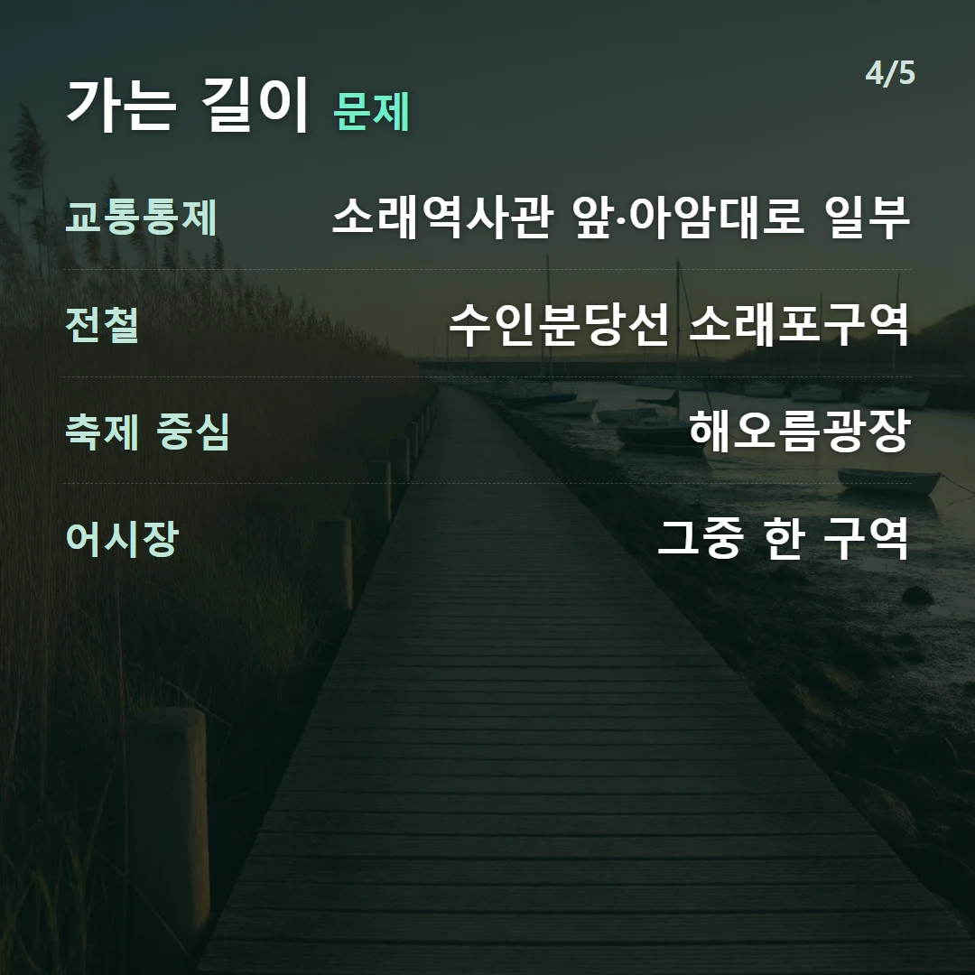 가는 길이 문제 — 교통통제 소래역사관 앞·아암대로 일부, 전철 수인분당선 소래포구역, 축제 중심 해오름광장, 어시장 그중 한 구역