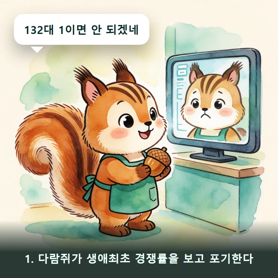 웹툰 1컷 — 1. 다람쥐가 생애최초 경쟁률을 보고 포기한다 (132대 1이면 안 되겠네)