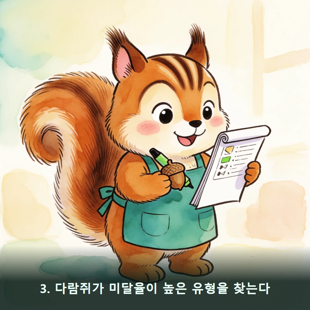 웹툰 3컷 — 3. 다람쥐가 미달율이 높은 유형을 찾는다