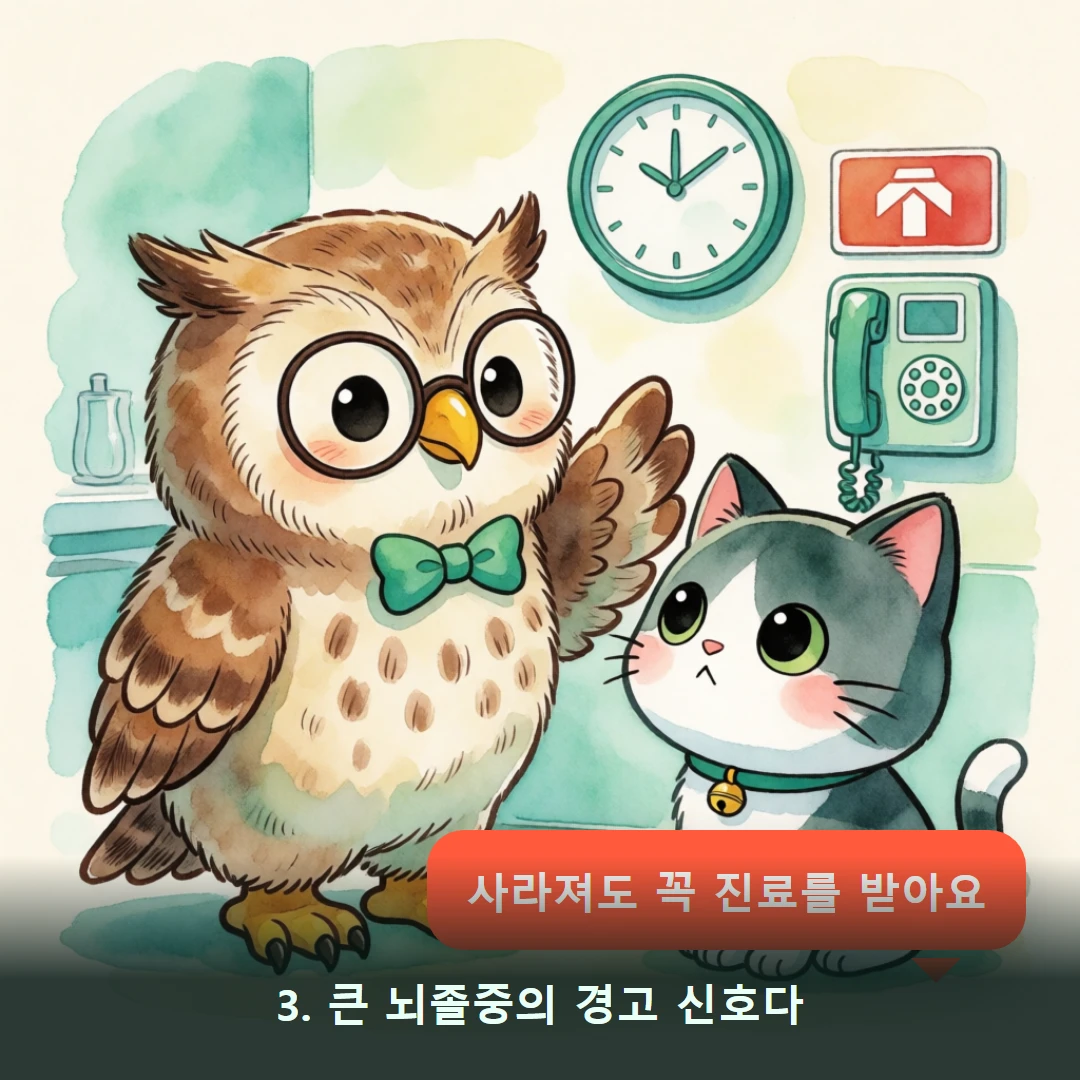웹툰 3컷 — 3. 큰 뇌졸중의 경고 신호다 (사라져도 꼭 진료를 받아요)