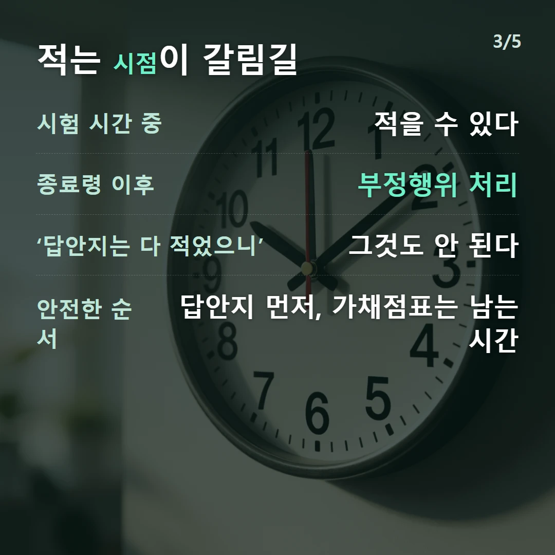 적는 시점이 갈림길 — 시험 시간 중 적을 수 있다, 종료령 이후 부정행위 처리, ‘답안지는 다 적었으니’ 그것도 안 된다, 안전한 순서 답안지 먼저, 가채점표는 남는 시간