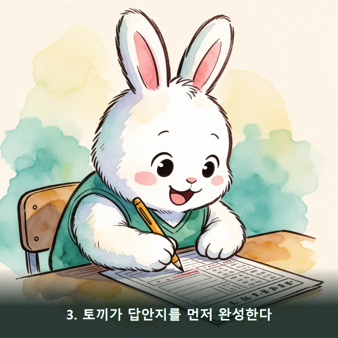 웹툰 3컷 — 3. 토끼가 답안지를 먼저 완성한다