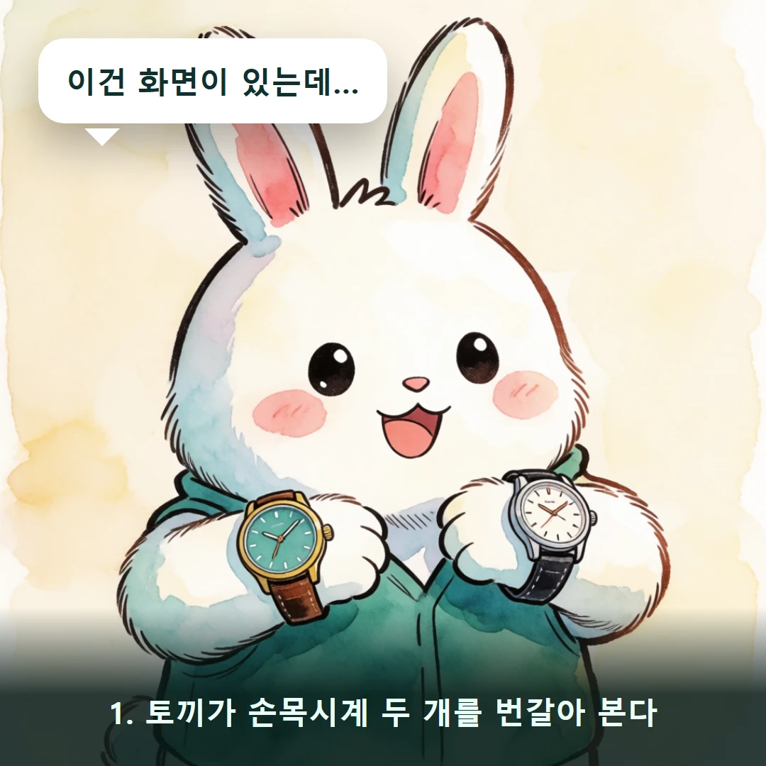 웹툰 1컷 — 1. 토끼가 손목시계 두 개를 번갈아 본다 (이건 화면이 있는데…)
