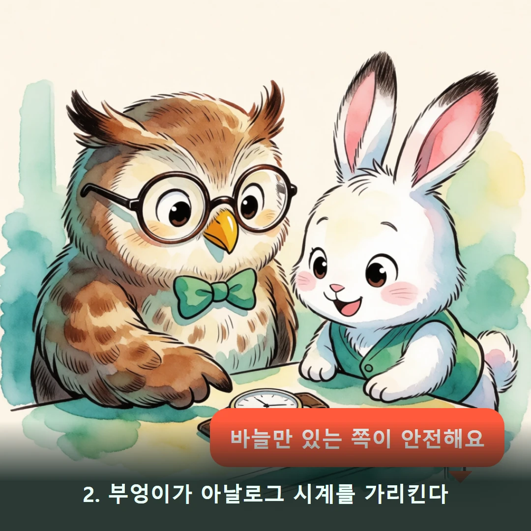 웹툰 2컷 — 2. 부엉이가 아날로그 시계를 가리킨다 (바늘만 있는 쪽이 안전해요)