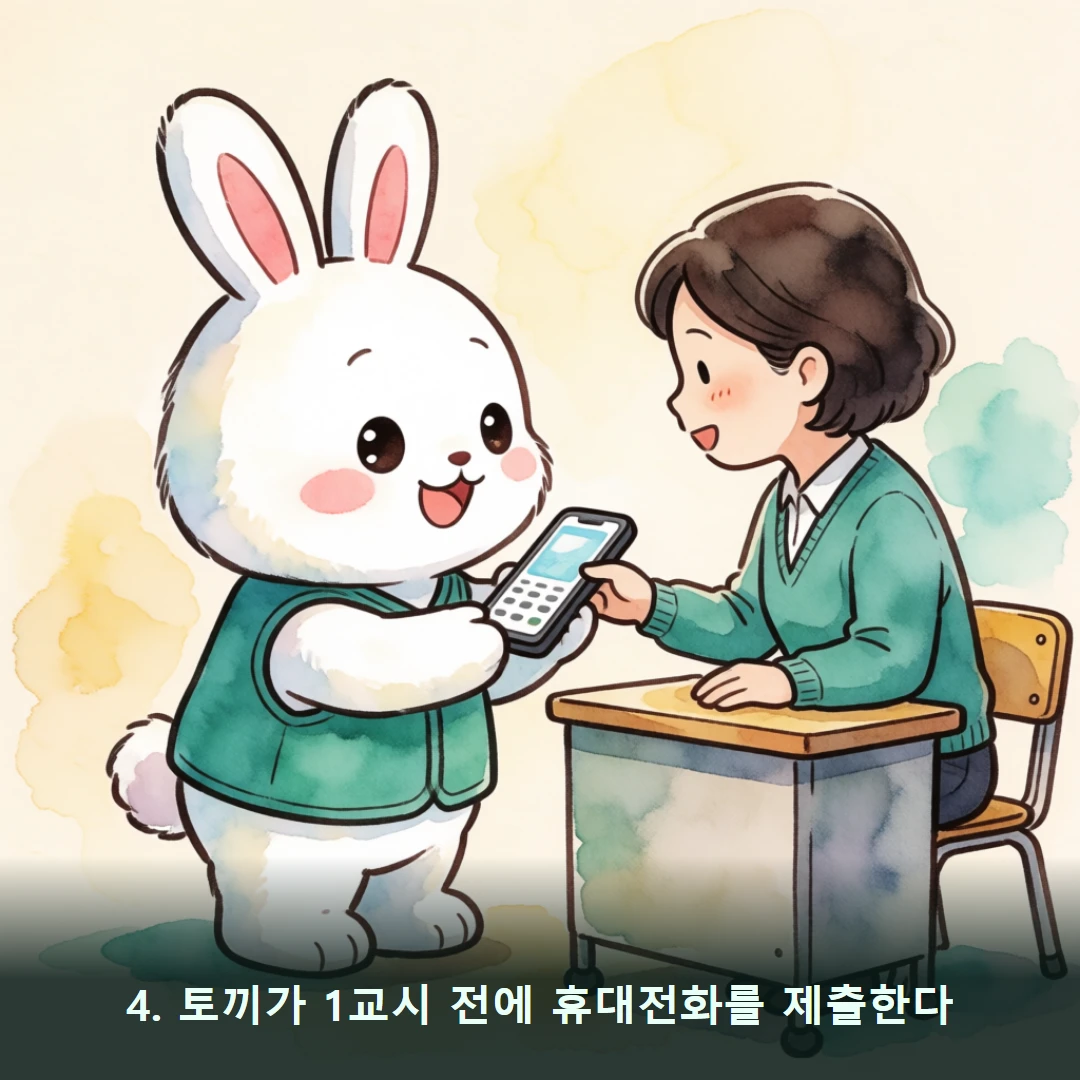 웹툰 4컷 — 4. 토끼가 1교시 전에 휴대전화를 제출한다
