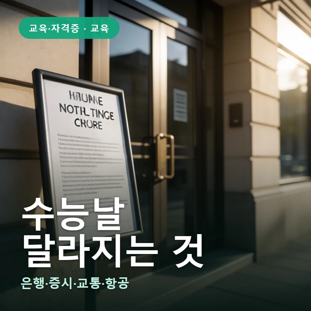 수능날 요약 표지 — 은행·증시·교통·항공