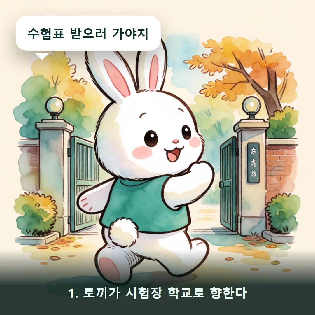 웹툰 1컷 — 1. 토끼가 시험장 학교로 향한다 (수험표 받으러 가야지)