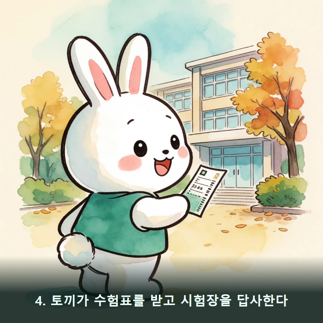 웹툰 4컷 — 4. 토끼가 수험표를 받고 시험장을 답사한다