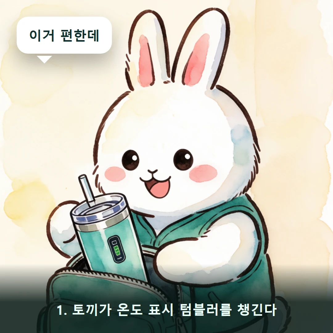 웹툰 1컷 — 1. 토끼가 온도 표시 텀블러를 챙긴다 (이거 편한데)