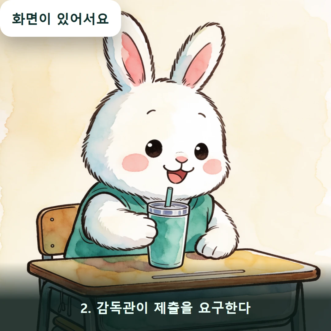 웹툰 2컷 — 2. 감독관이 제출을 요구한다 (화면이 있어서요)