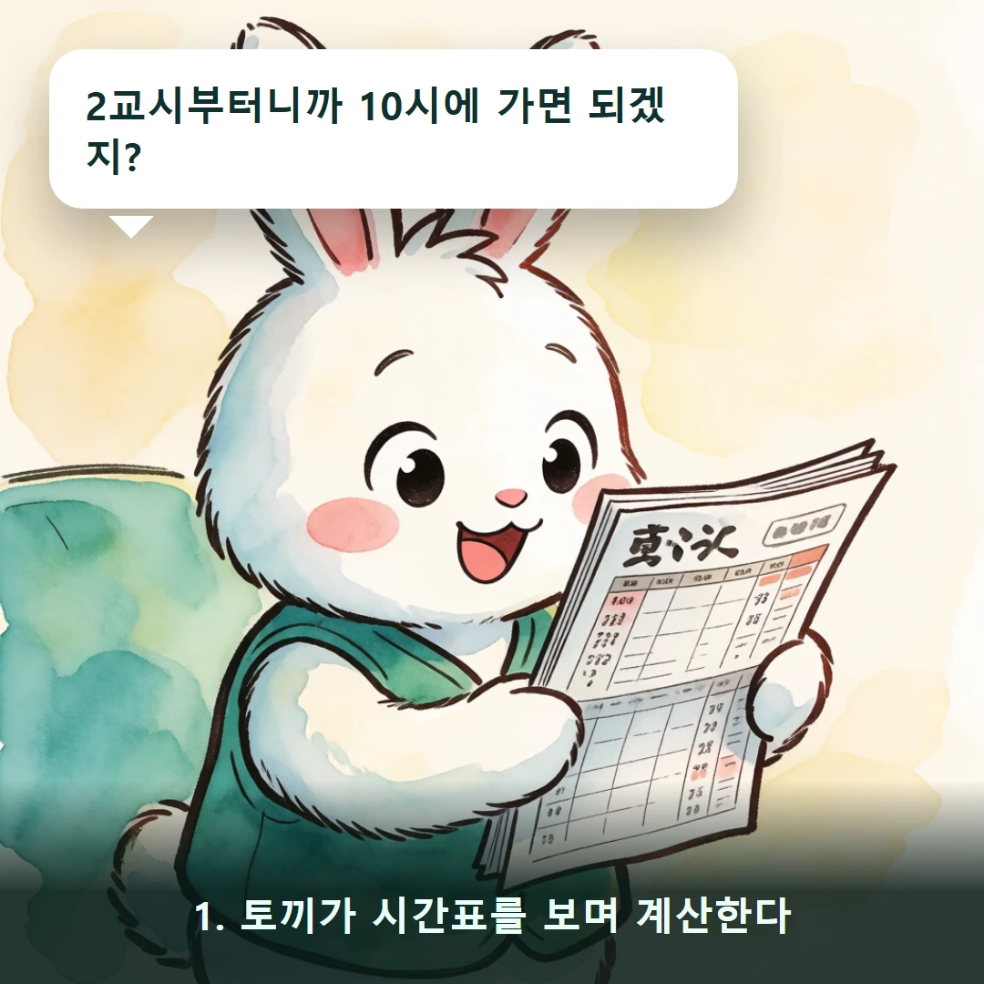 웹툰 1컷 — 1. 토끼가 시간표를 보며 계산한다 (2교시부터니까 10시에 가면 되겠지?)