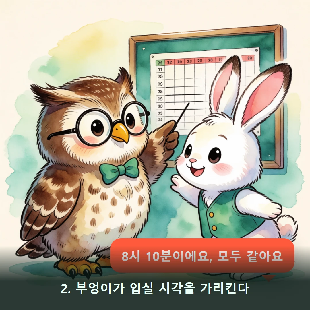 웹툰 2컷 — 2. 부엉이가 입실 시각을 가리킨다 (8시 10분이에요, 모두 같아요)