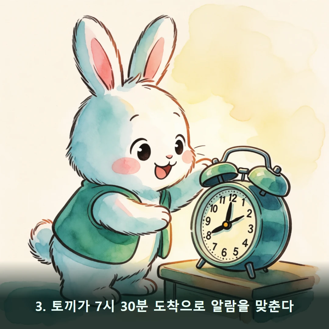 웹툰 3컷 — 3. 토끼가 7시 30분 도착으로 알람을 맞춘다