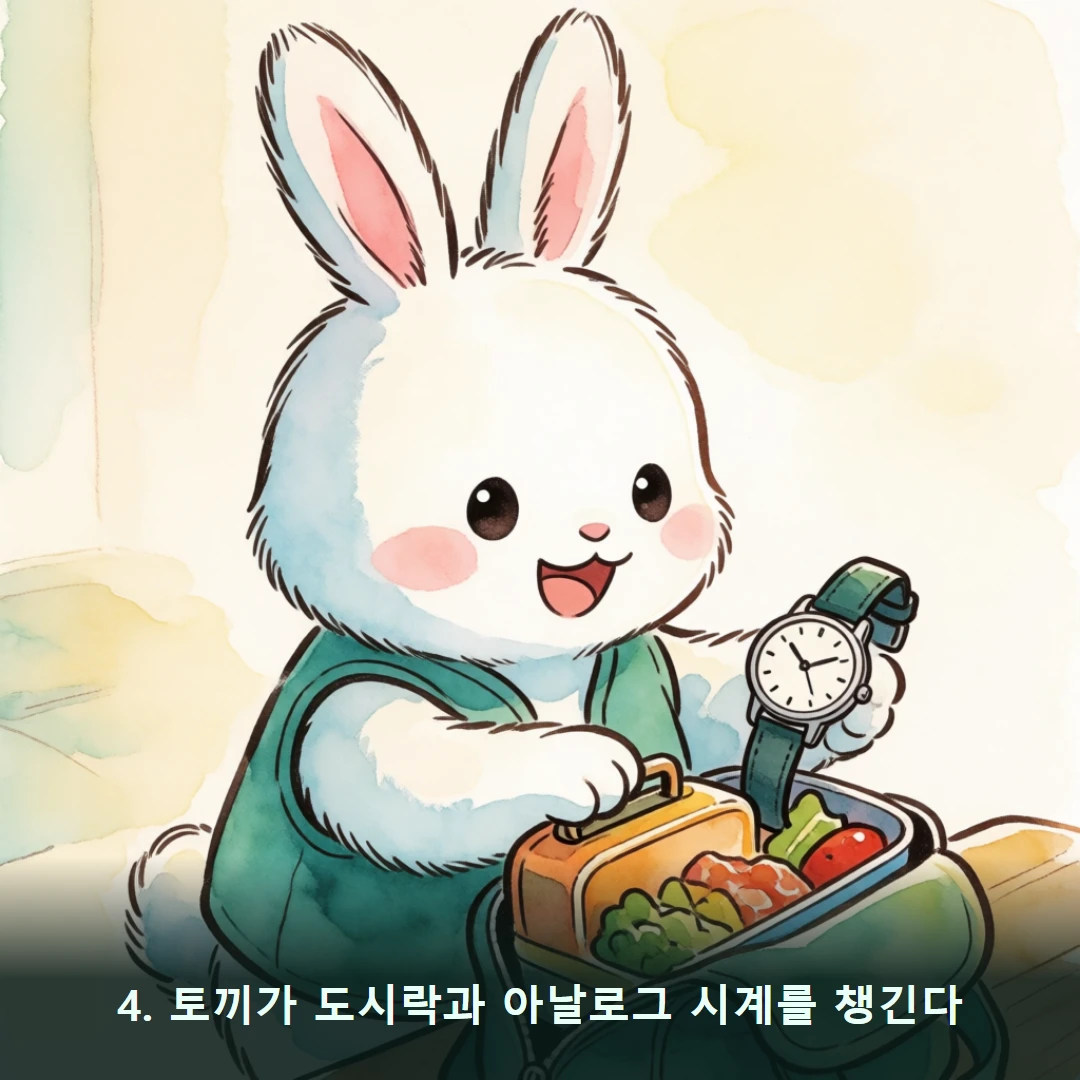 웹툰 4컷 — 4. 토끼가 도시락과 아날로그 시계를 챙긴다