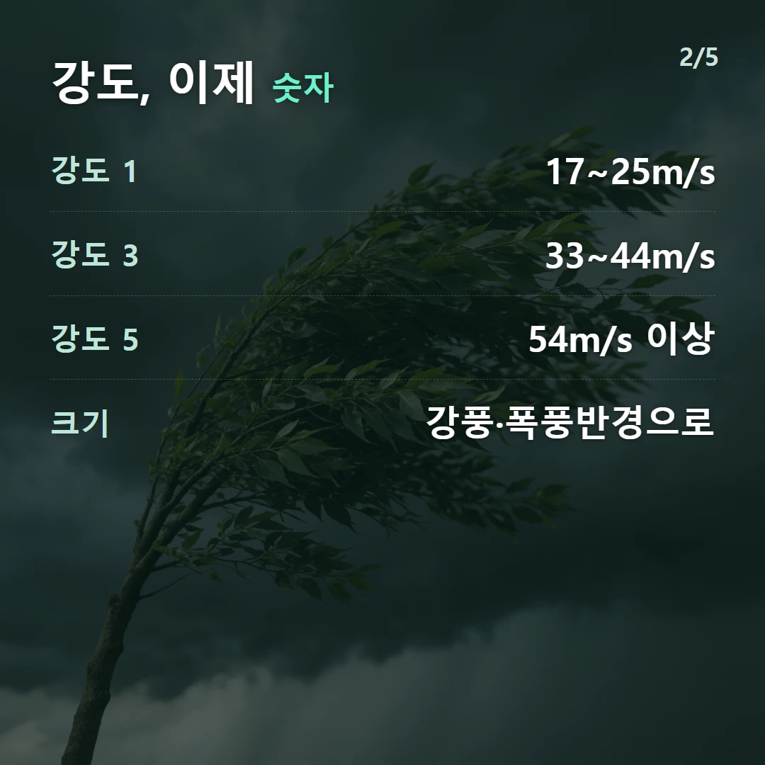 강도, 이제 숫자 — 강도 1 17~25m/s, 강도 3 33~44m/s, 강도 5 54m/s 이상, 크기 강풍·폭풍반경으로
