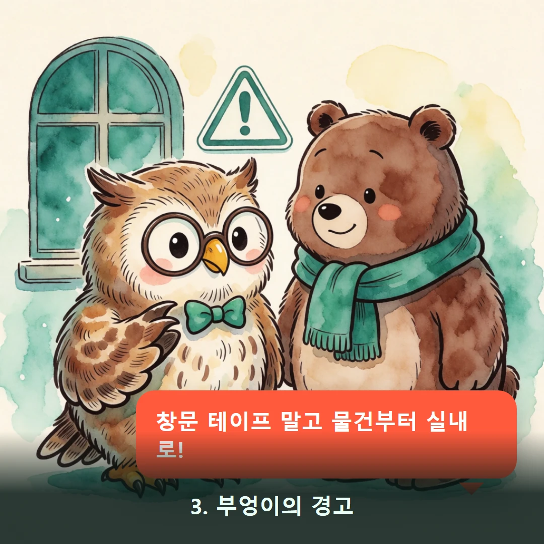 웹툰 3컷 — 3. 부엉이의 경고 (창문 테이프 말고 물건부터 실내로!)