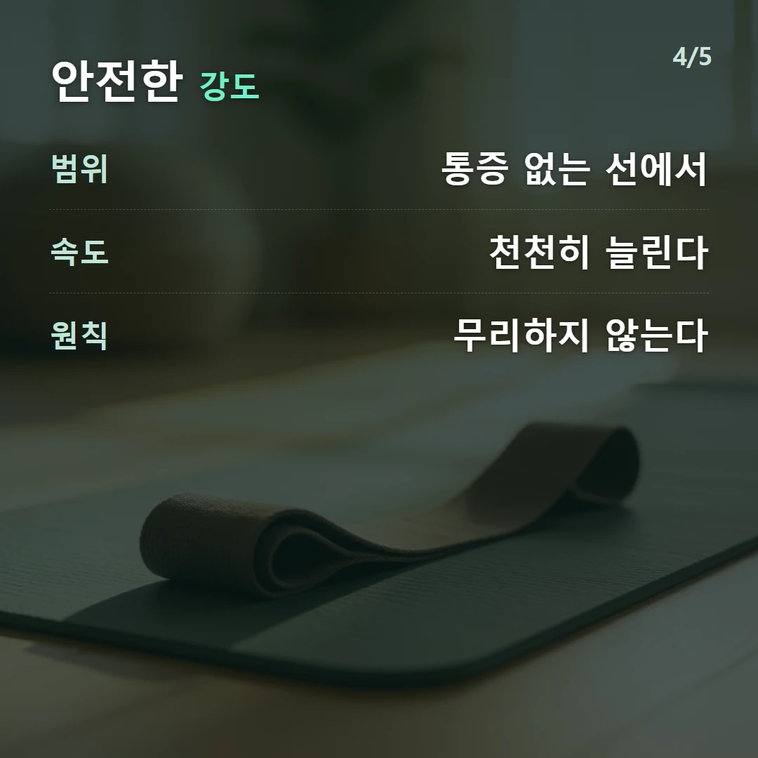 안전한 강도 — 범위 통증 없는 선에서, 속도 천천히 늘린다, 원칙 무리하지 않는다