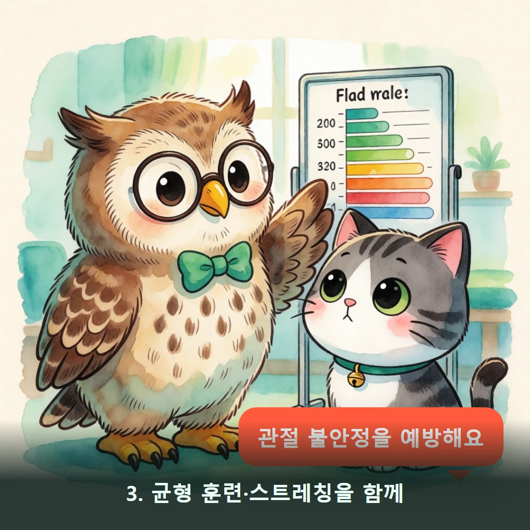 웹툰 3컷 — 3. 균형 훈련·스트레칭을 함께 (관절 불안정을 예방해요)