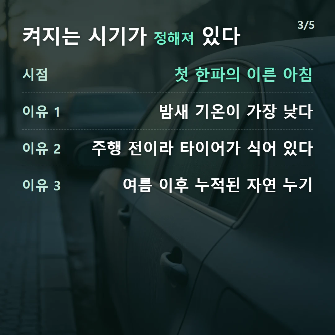 켜지는 시기가 정해져 있다 — 시점 첫 한파의 이른 아침, 이유 1 밤새 기온이 가장 낮다, 이유 2 주행 전이라 타이어가 식어 있다, 이유 3 여름 이후 누적된 자연 누기