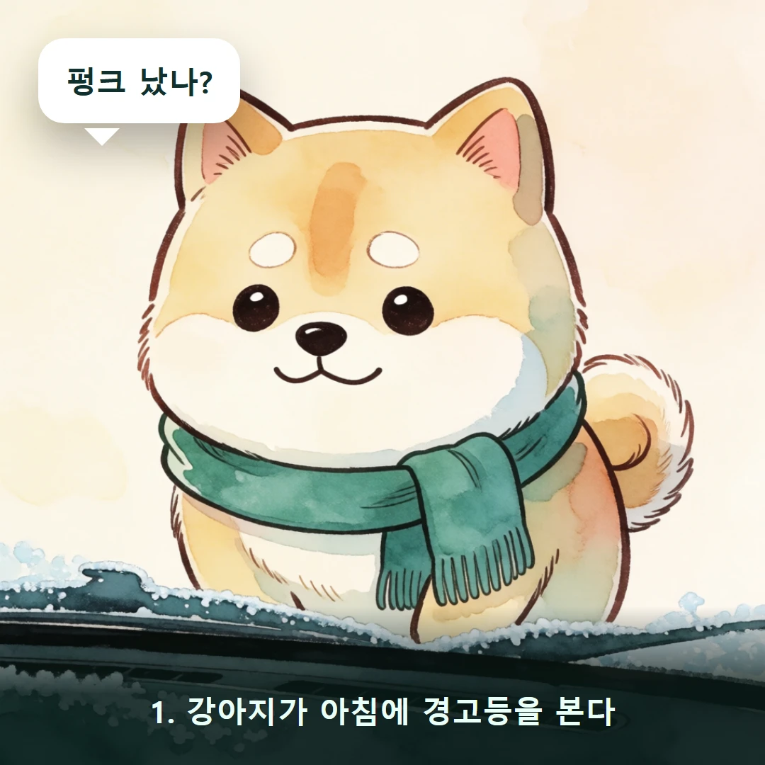 웹툰 1컷 — 1. 강아지가 아침에 경고등을 본다 (펑크 났나?)