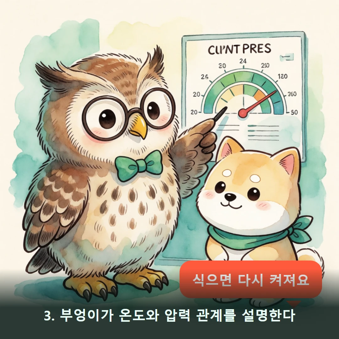 웹툰 3컷 — 3. 부엉이가 온도와 압력 관계를 설명한다 (식으면 다시 켜져요)