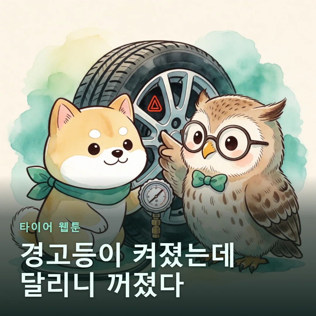 타이어 웹툰 표지 — 경고등이 켜졌는데 달리니 꺼졌다