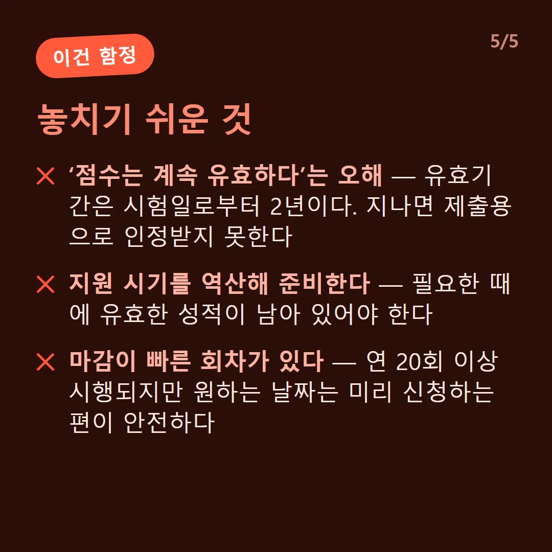 놓치기 쉬운 것 — ‘점수는 계속 유효하다’는 오해 — 유효기간은 시험일로부터 2년이다. 지나면 제출용으로 인정받지 못한다 / 지원 시기를 역산해 준비한다 — 필요한 때에 유효한 성적이 남아 있어야 한다 / 마감이 빠른 회차가 있다 — 연 20회 이상 시행되지만 원하는 날짜는 미리 신청하는 편이 안전하다