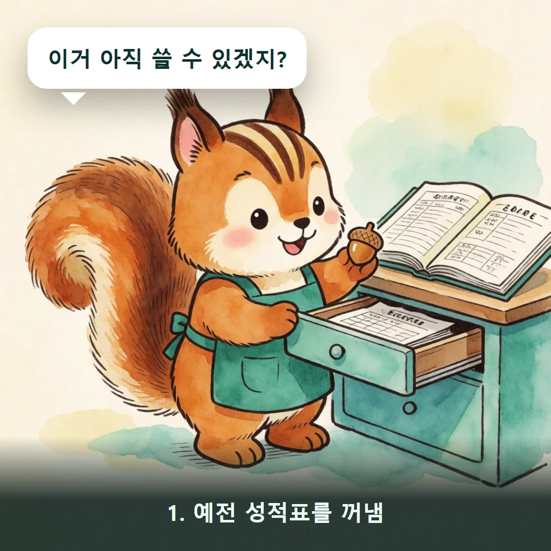 웹툰 1컷 — 1. 예전 성적표를 꺼냄 (이거 아직 쓸 수 있겠지?)