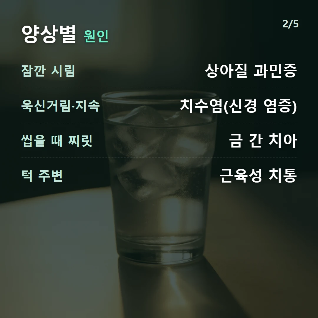 양상별 원인 — 잠깐 시림 상아질 과민증, 욱신거림·지속 치수염(신경 염증), 씹을 때 찌릿 금 간 치아, 턱 주변 근육성 치통