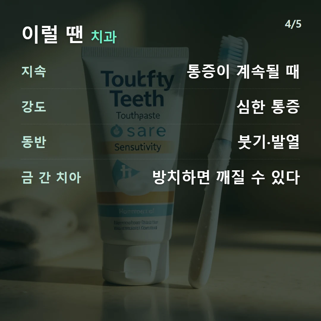 이럴 땐 치과 — 지속 통증이 계속될 때, 강도 심한 통증, 동반 붓기·발열, 금 간 치아 방치하면 깨질 수 있다