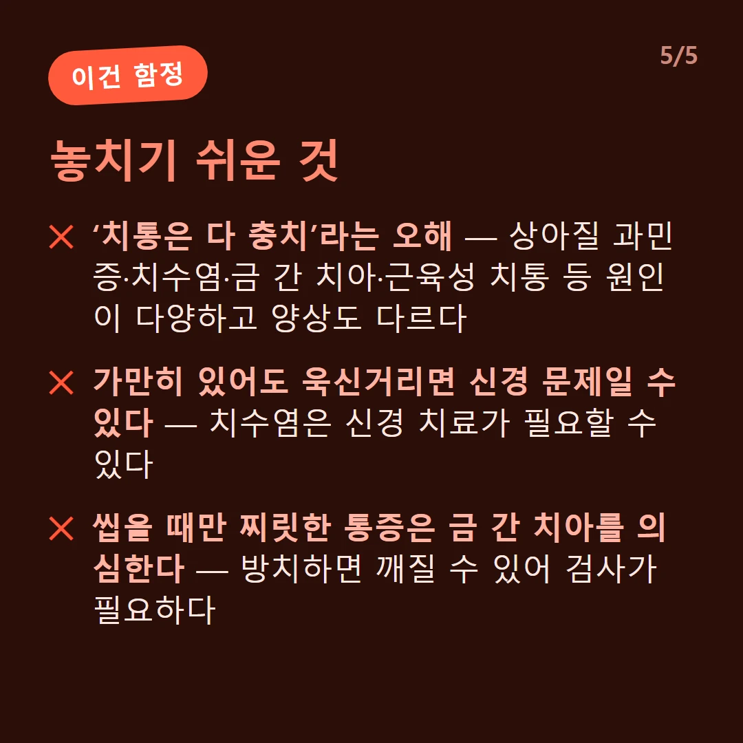 놓치기 쉬운 것 — ‘치통은 다 충치’라는 오해 — 상아질 과민증·치수염·금 간 치아·근육성 치통 등 원인이 다양하고 양상도 다르다 / 가만히 있어도 욱신거리면 신경 문제일 수 있다 — 치수염은 신경 치료가 필요할 수 있다 / 씹을 때만 찌릿한 통증은 금 간 치아를 의심한다 — 방치하면 깨질 수 있어 검사가 필요하다