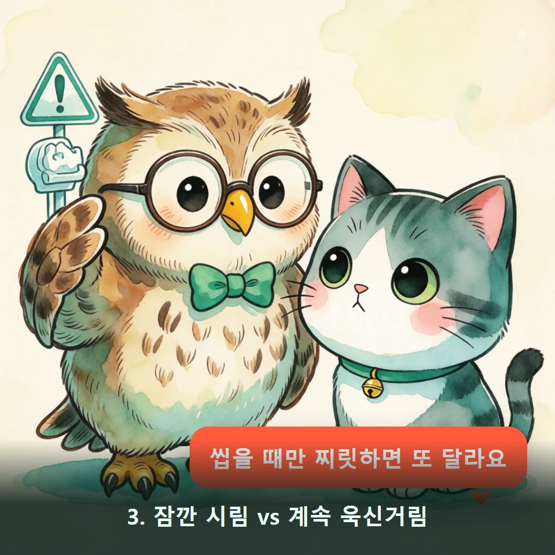 웹툰 3컷 — 3. 잠깐 시림 vs 계속 욱신거림 (씹을 때만 찌릿하면 또 달라요)