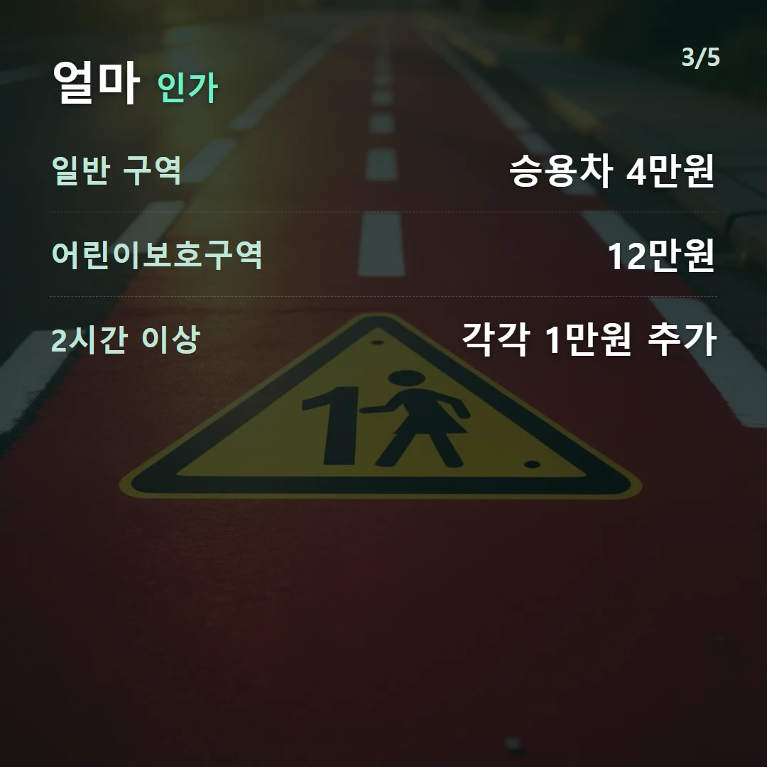 얼마 인가 — 일반 구역 승용차 4만원, 어린이보호구역 12만원, 2시간 이상 각각 1만원 추가