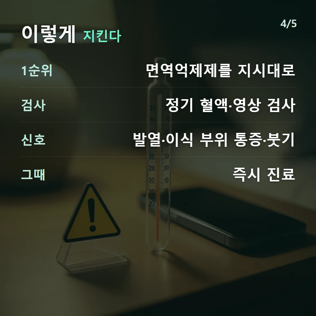 이렇게 지킨다 — 1순위 면역억제제를 지시대로, 검사 정기 혈액·영상 검사, 신호 발열·이식 부위 통증·붓기, 그때 즉시 진료