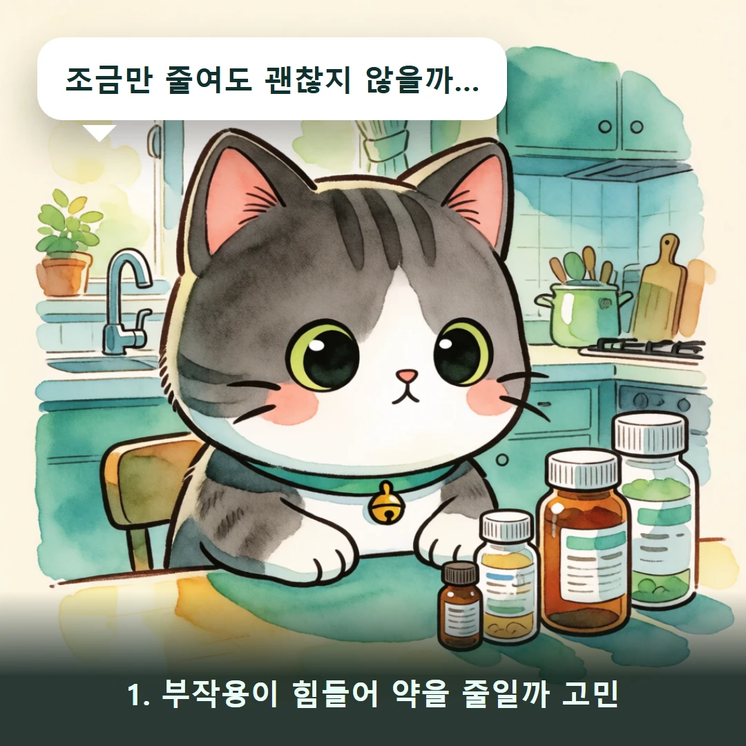 웹툰 1컷 — 1. 부작용이 힘들어 약을 줄일까 고민 (조금만 줄여도 괜찮지 않을까…)