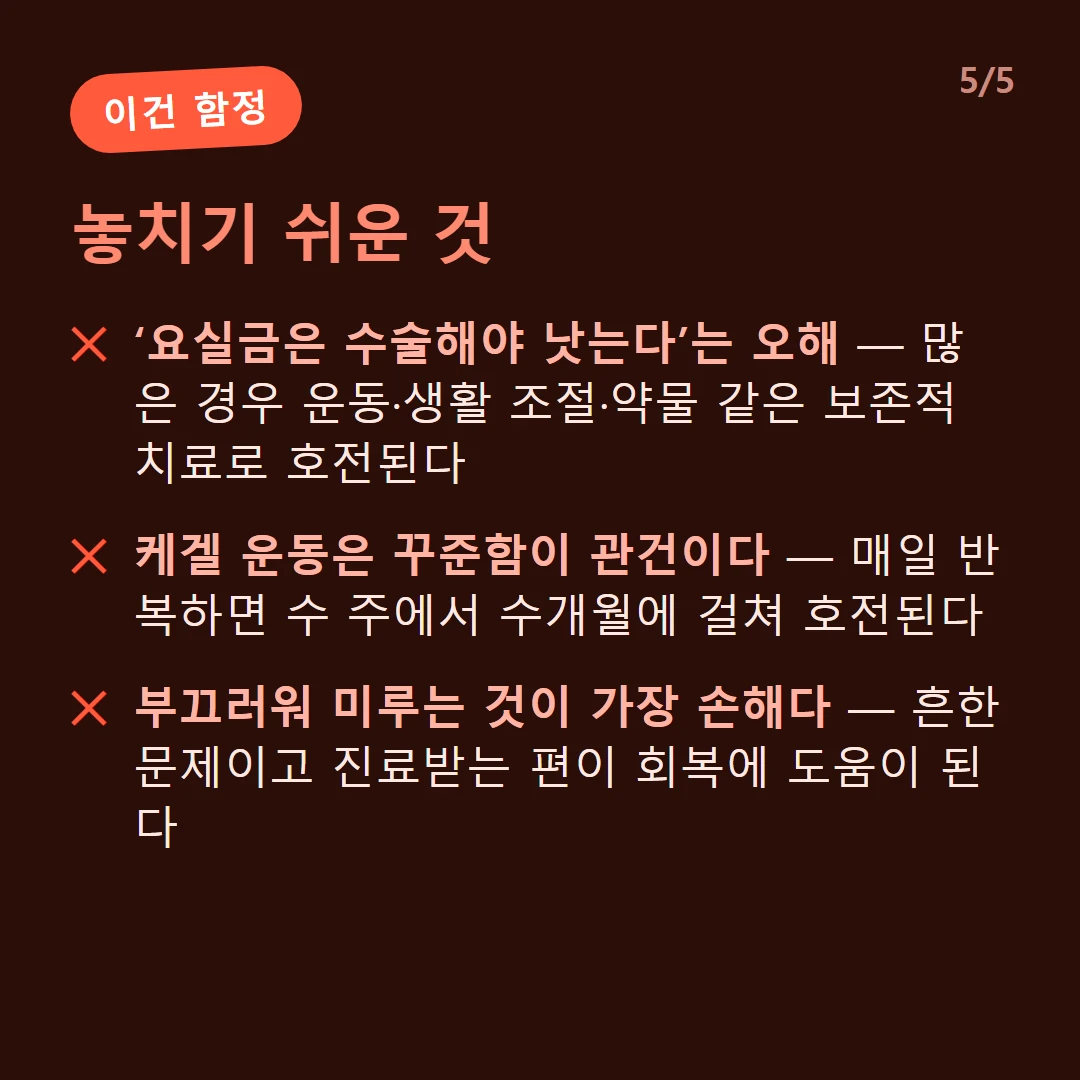 놓치기 쉬운 것 — ‘요실금은 수술해야 낫는다’는 오해 — 많은 경우 운동·생활 조절·약물 같은 보존적 치료로 호전된다 / 케겔 운동은 꾸준함이 관건이다 — 매일 반복하면 수 주에서 수개월에 걸쳐 호전된다 / 부끄러워 미루는 것이 가장 손해다 — 흔한 문제이고 진료받는 편이 회복에 도움이 된다