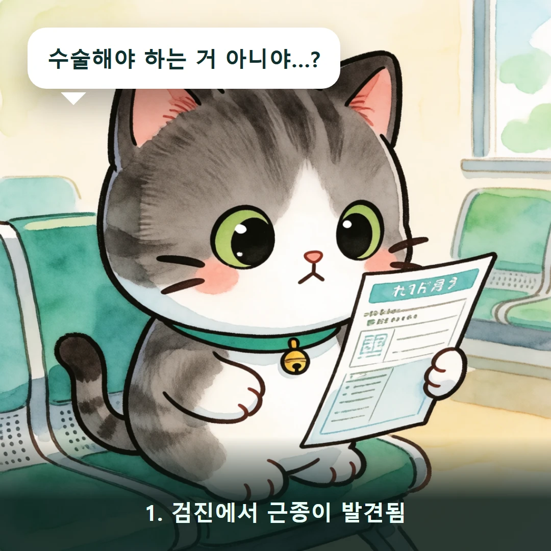 웹툰 1컷 — 1. 검진에서 근종이 발견됨 (수술해야 하는 거 아니야…?)