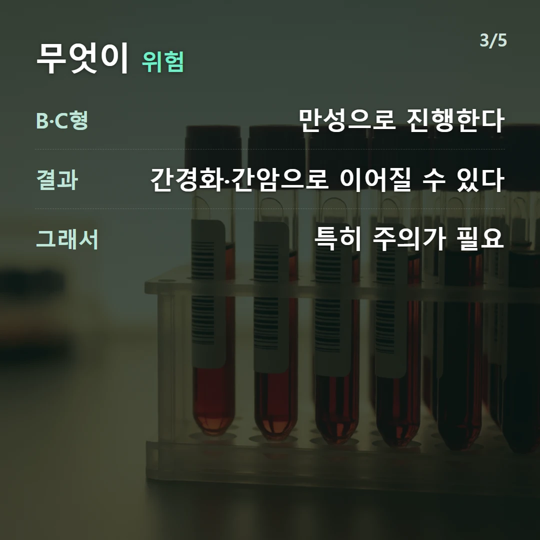 무엇이 위험 — B·C형 만성으로 진행한다, 결과 간경화·간암으로 이어질 수 있다, 그래서 특히 주의가 필요