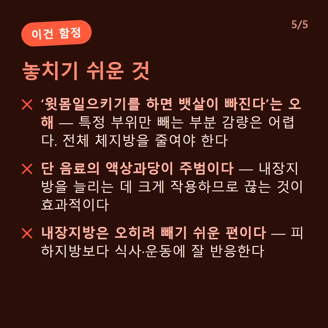 놓치기 쉬운 것 — ‘윗몸일으키기를 하면 뱃살이 빠진다’는 오해 — 특정 부위만 빼는 부분 감량은 어렵다. 전체 체지방을 줄여야 한다 / 단 음료의 액상과당이 주범이다 — 내장지방을 늘리는 데 크게 작용하므로 끊는 것이 효과적이다 / 내장지방은 오히려 빼기 쉬운 편이다 — 피하지방보다 식사·운동에 잘 반응한다