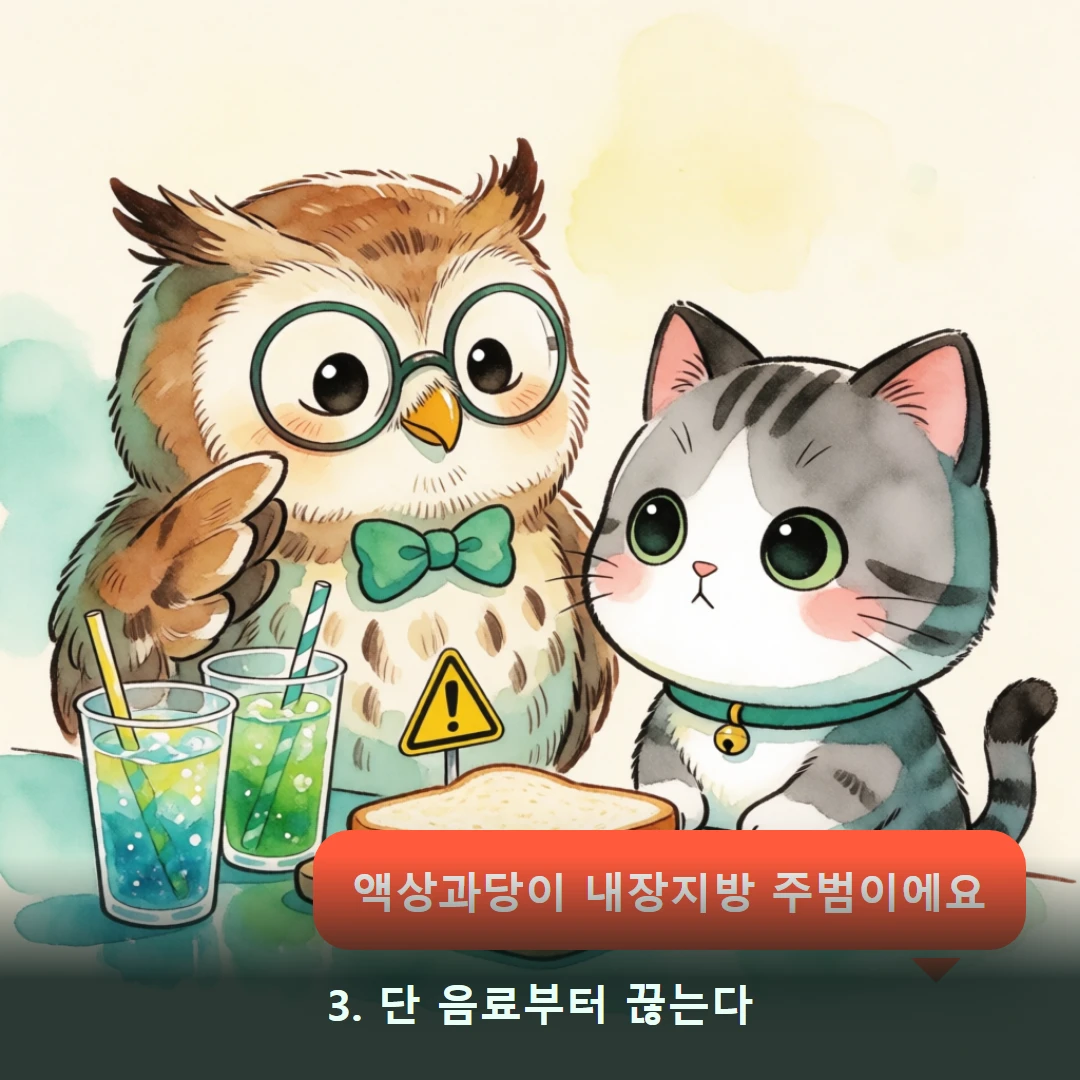 웹툰 3컷 — 3. 단 음료부터 끊는다 (액상과당이 내장지방 주범이에요)