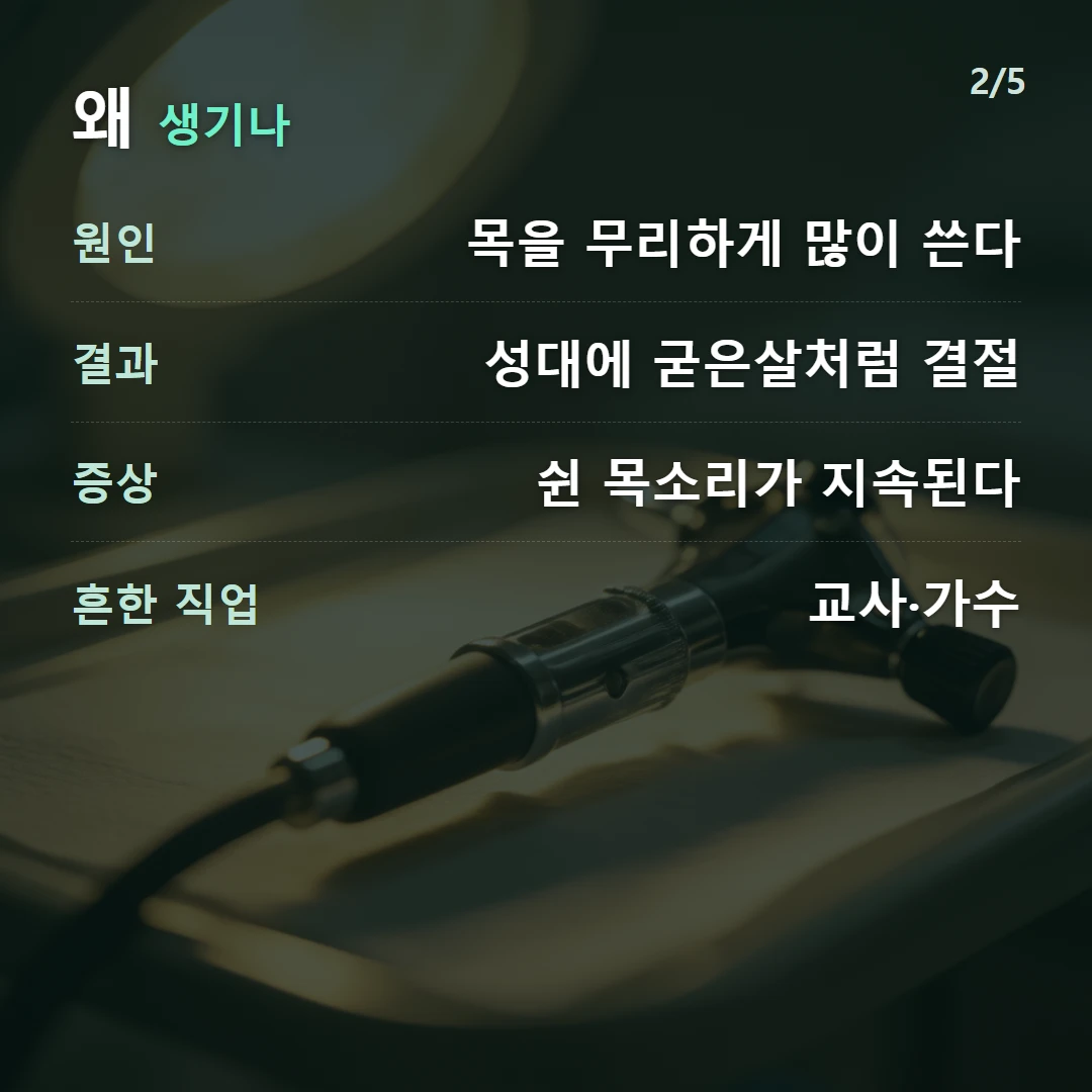 왜 생기나 — 원인 목을 무리하게 많이 쓴다, 결과 성대에 굳은살처럼 결절, 증상 쉰 목소리가 지속된다, 흔한 직업 교사·가수