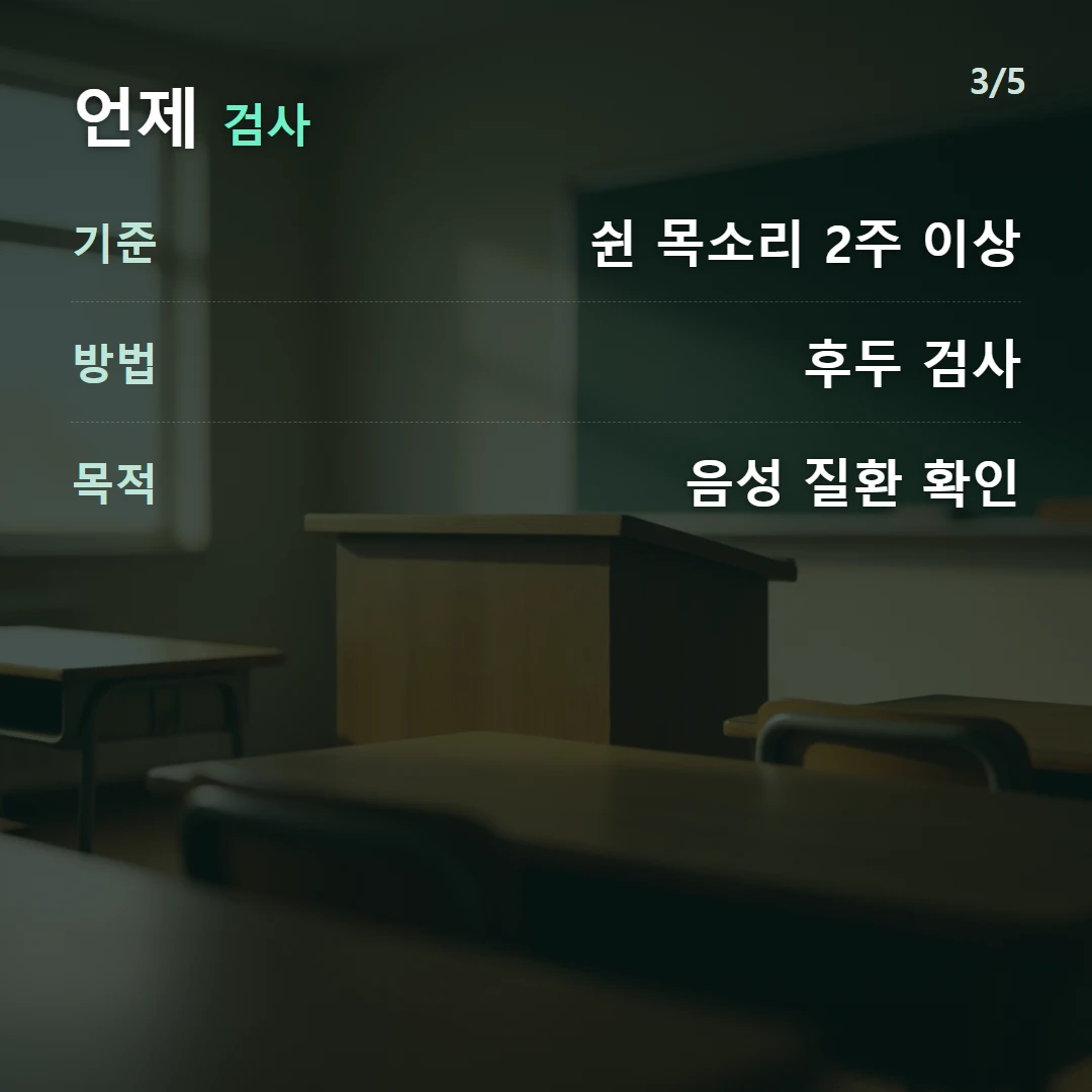 언제 검사 — 기준 쉰 목소리 2주 이상, 방법 후두 검사, 목적 음성 질환 확인