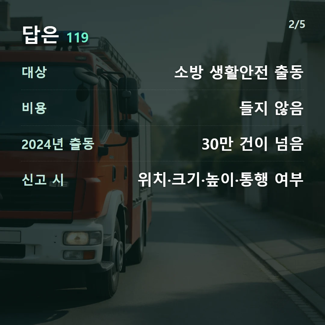 답은 119 — 대상 소방 생활안전 출동, 비용 들지 않음, 2024년 출동 30만 건이 넘음, 신고 시 위치·크기·높이·통행 여부