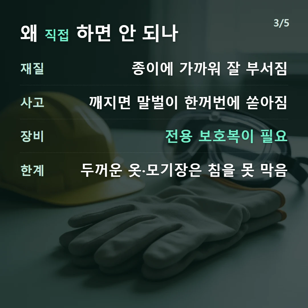 왜 직접 하면 안 되나 — 재질 종이에 가까워 잘 부서짐, 사고 깨지면 말벌이 한꺼번에 쏟아짐, 장비 전용 보호복이 필요, 한계 두꺼운 옷·모기장은 침을 못 막음